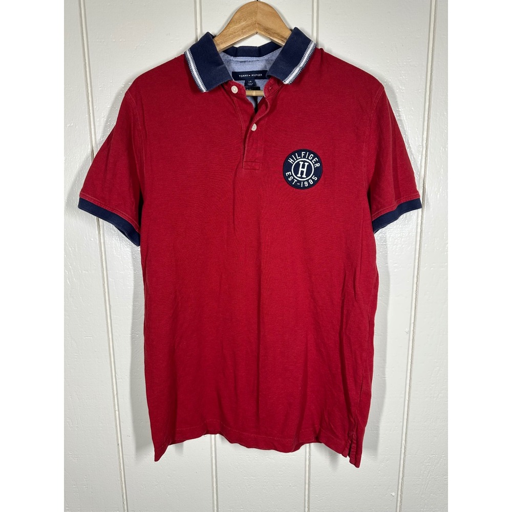 Tommy Hilfiger Polo Shirt Mens L Red Slim Fit Stretch Crest Patch Short Sleeve